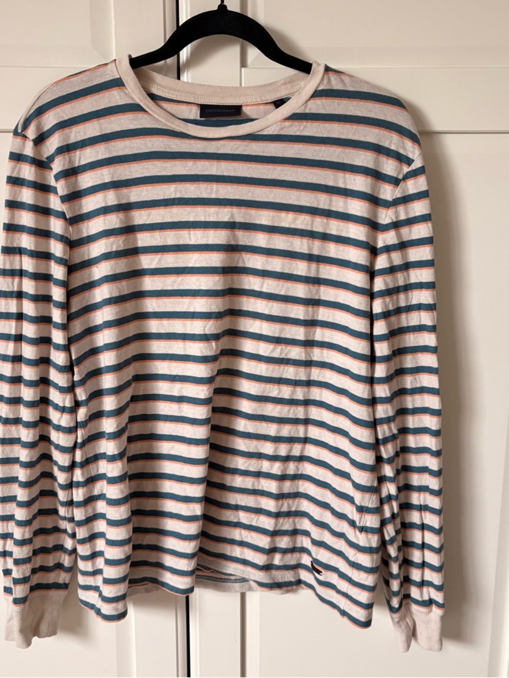 Duchamp White Long-Sleeve Crewneck with Teal and Rust Stripes